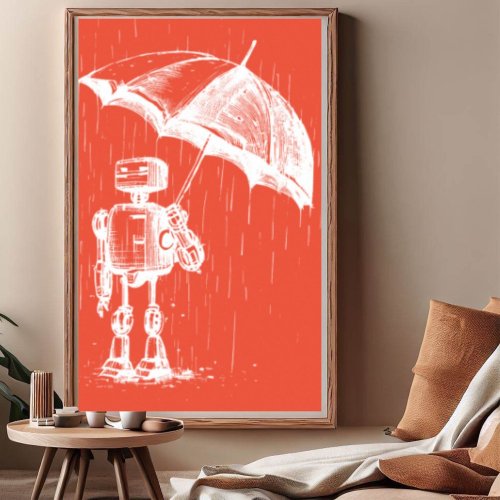 Robot Holding Umbrella Poster