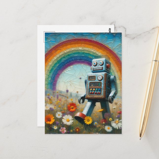 Robot in a Flower Meadow with a Rainbow Postcard (Front/Back In Situ)