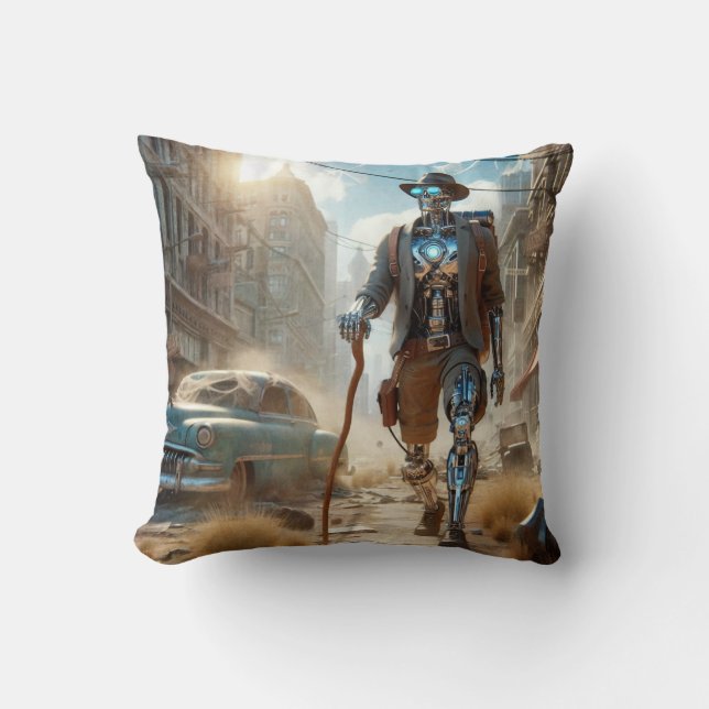 Robot in Ghost Town Throw Pillow (Front)