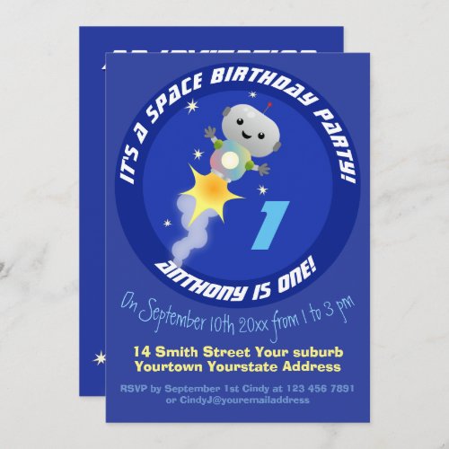 Robot in space cartoon 1st birthday personalised invitation