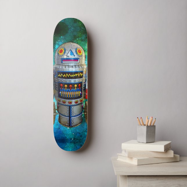 Robot in Vintage Retro Blue Green Galaxy Cool Cute Skateboard (Wall Art)