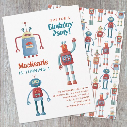 Robot Kids First Birthday Party Invitation