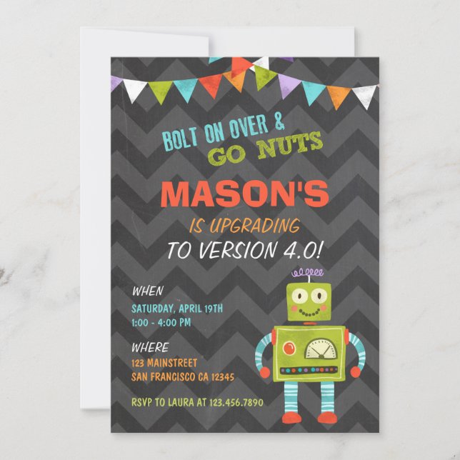 Robot Let's Go Nuts Birthday Party Invitation (Front)