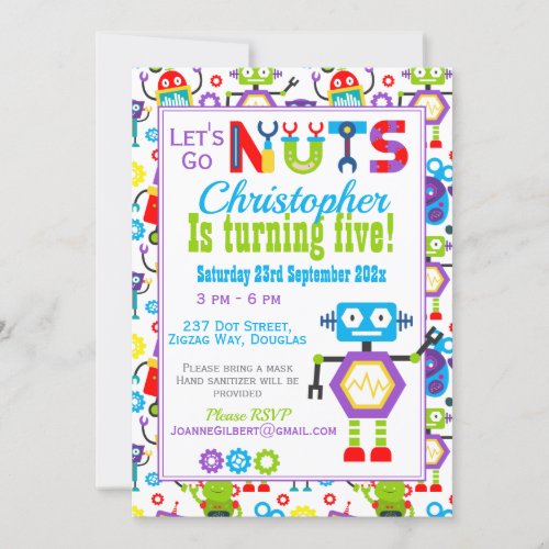 Robot Lets Go Nuts Birthday Party Invitation