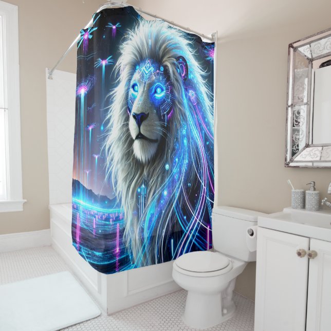 Robot Lion Striking Neon Portrait Shower Curtain (In Situ)