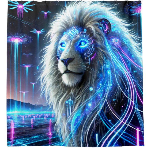 Robot Lion Striking Neon Portrait Shower Curtain (Front)