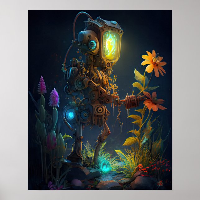 Robot Looking at Flowers Poster (Front)