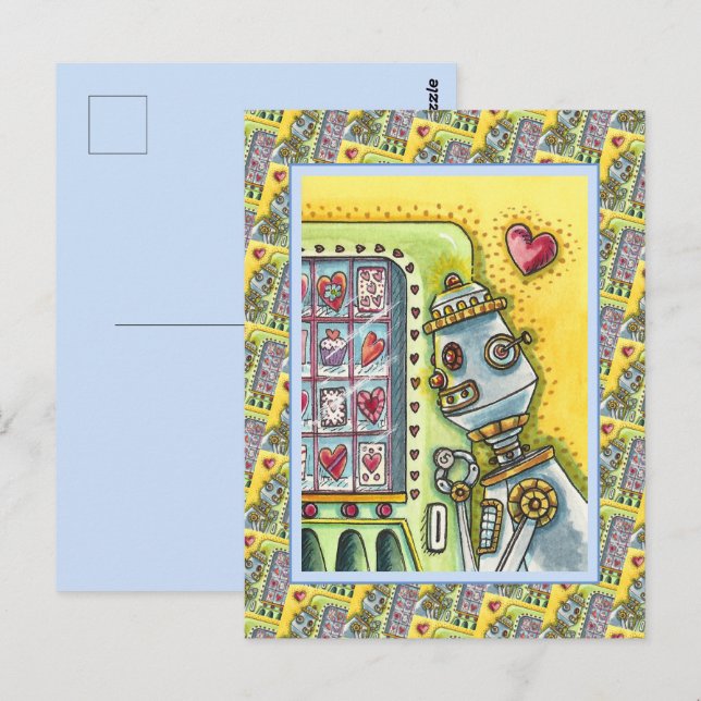 ROBOT LOOKING FOR LOVE, HEART VENDING MACHINE CUTE POSTCARD (Front/Back)