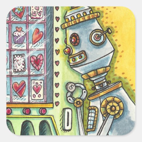 ROBOT LOOKING FOR LOVE HEART VENDING MACHINE CUTE SQUARE STICKER