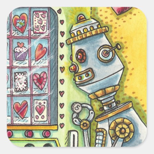 ROBOT LOOKING FOR LOVE HEART VENDING MACHINE CUTE SQUARE STICKER