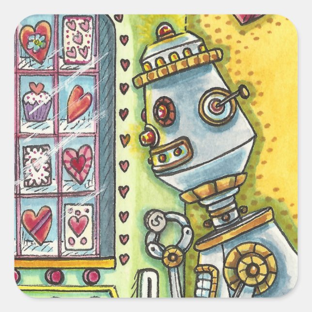 ROBOT LOOKING FOR LOVE, HEART VENDING MACHINE CUTE SQUARE STICKER (Front)