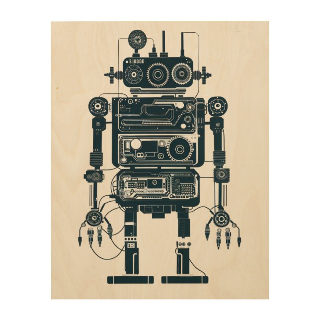 Robot Made of Retro Analog Equipment  Wood Wall Art (Front)