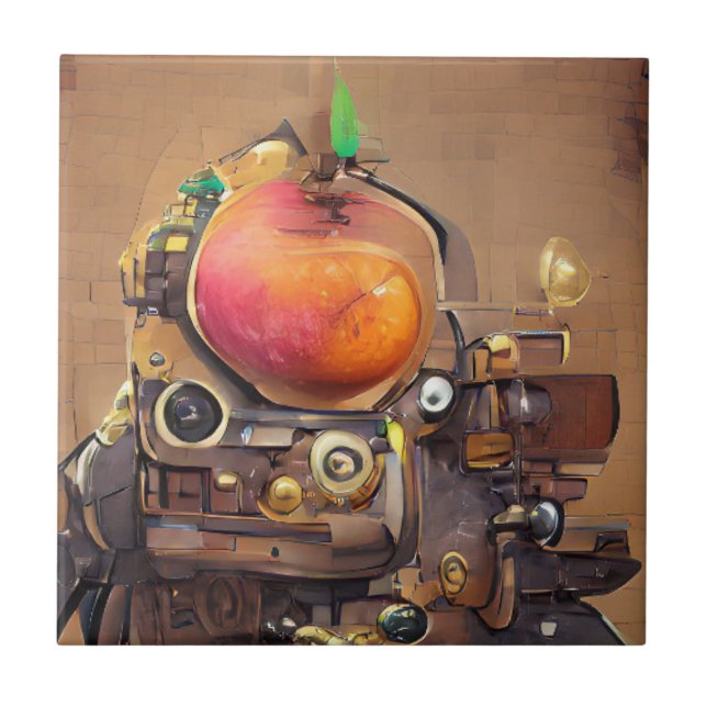 Robot mango head steampunk digital art ceramic tile (Front)