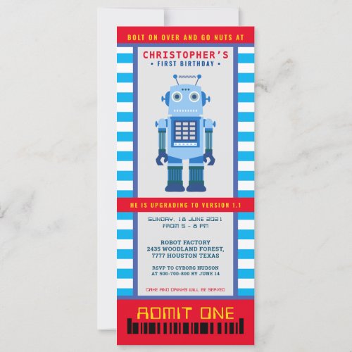 Robot party Birthday ticket Invitation