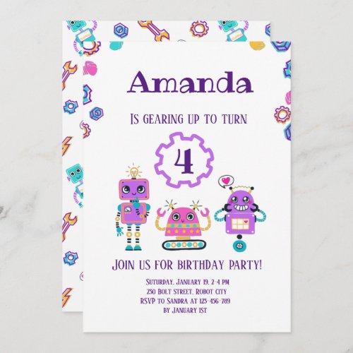 Robot party Girl Pink birthday Invitation