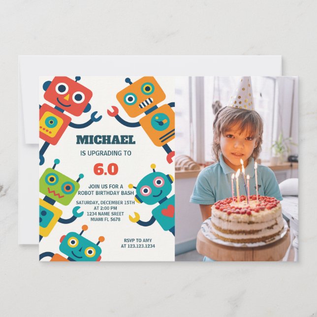 Robot Party Invitation for Kids with photo (Front)