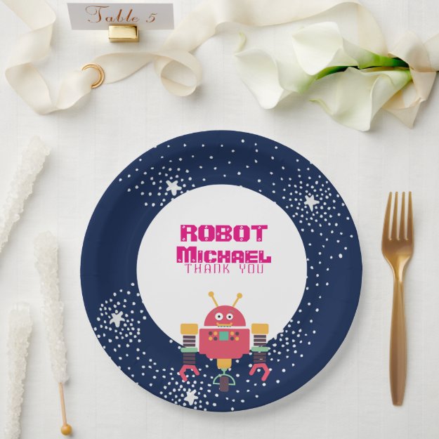 ROBOT Party Supplies Blue Pink Stars Nuts n Bolts Paper Plates