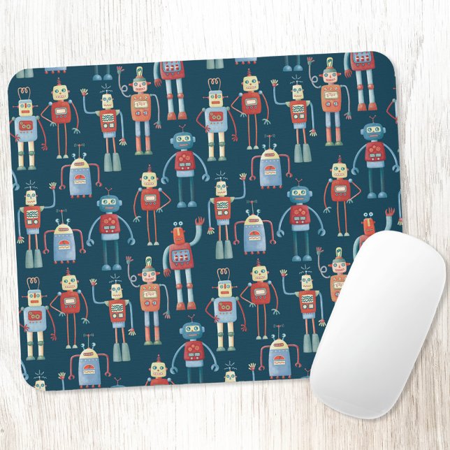Robot Pattern Dark Mouse Pad (Retro robots fun art mousemat)