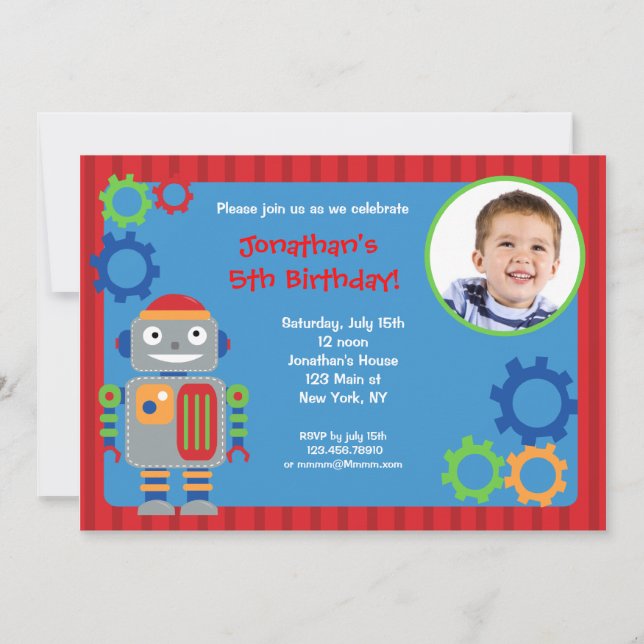 Robot Photo Birthday Party Invitations (Front)