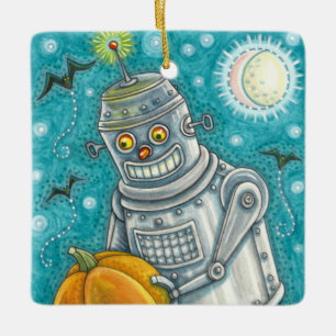 ROBOT PICKING PUMPKINS , HALLOWEEN MECHANICAL MAN CERAMIC ORNAMENT