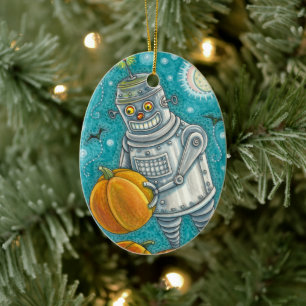 ROBOT PICKING PUMPKINS , HALLOWEEN MECHANICAL MAN CERAMIC ORNAMENT