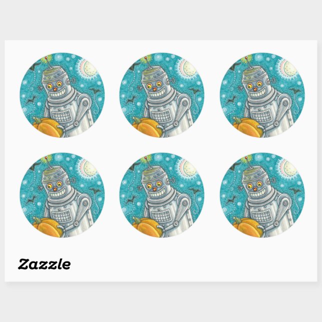 ROBOT PICKING PUMPKINS , HALLOWEEN MECHANICAL MAN  CLASSIC ROUND STICKER (Sheet)