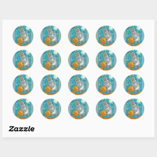 ROBOT PICKING PUMPKINS , HALLOWEEN MECHANICAL MAN CLASSIC ROUND STICKER