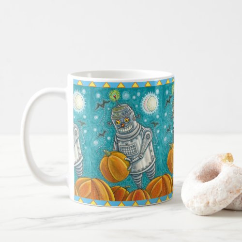 ROBOT PICKING PUMPKINS  HALLOWEEN MECHANICAL MAN COFFEE MUG