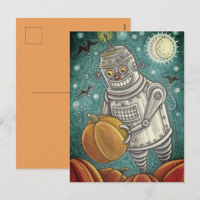ROBOT PICKING PUMPKINS , HALLOWEEN MECHANICAL MAN HOLIDAY POSTCARD (Front/Back)