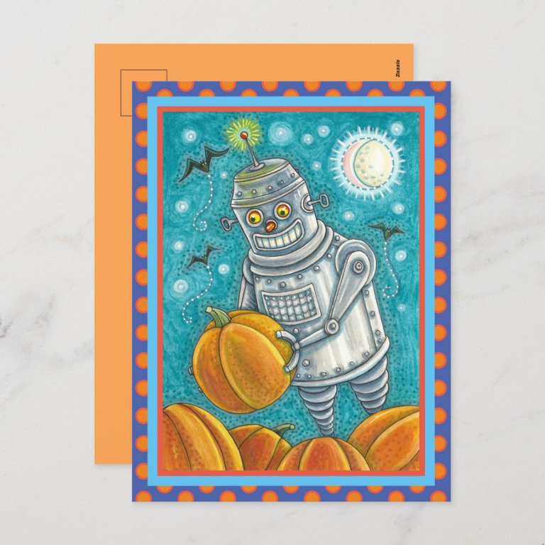 ROBOT PICKING PUMPKINS , HALLOWEEN MECHANICAL MAN HOLIDAY POSTCARD