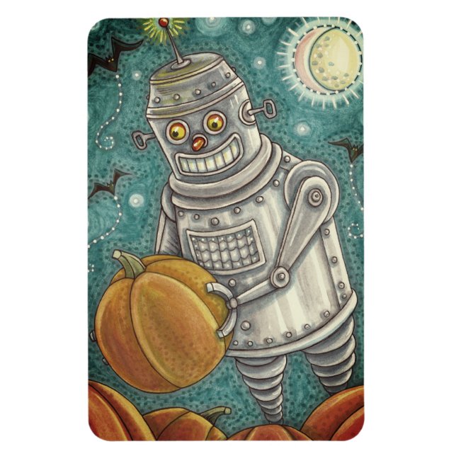 ROBOT PICKING PUMPKINS , HALLOWEEN MECHANICAL MAN MAGNET (Vertical)