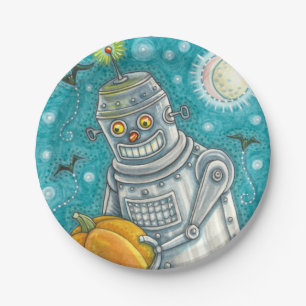 ROBOT PICKING PUMPKINS , HALLOWEEN MECHANICAL MAN PAPER PLATES