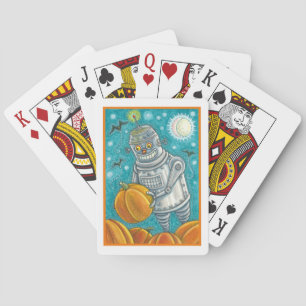 ROBOT PICKING PUMPKINS , HALLOWEEN MECHANICAL MAN POKER CARDS