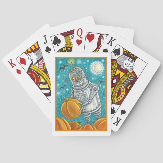 ROBOT PICKING PUMPKINS , HALLOWEEN MECHANICAL MAN POKER CARDS (Back)