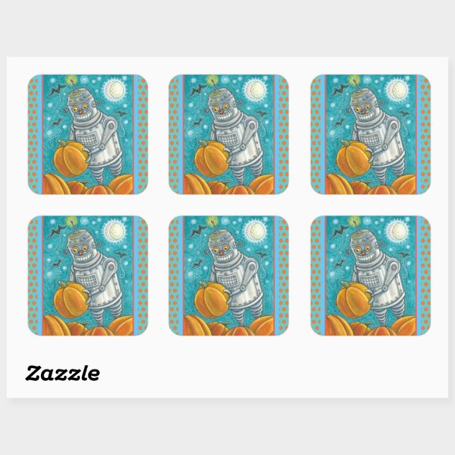 ROBOT PICKING PUMPKINS , HALLOWEEN MECHANICAL MAN SQUARE STICKER (Sheet)