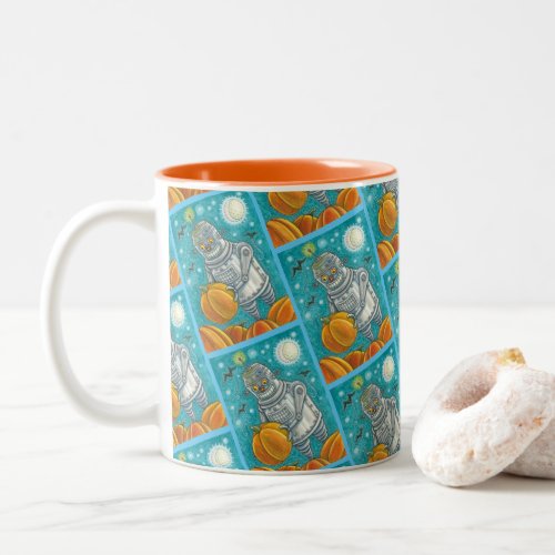 ROBOT PICKING PUMPKINS  HALLOWEEN MECHANICAL MAN Two_Tone COFFEE MUG