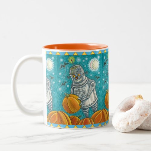 ROBOT PICKING PUMPKINS  HALLOWEEN MECHANICAL MAN Two_Tone COFFEE MUG