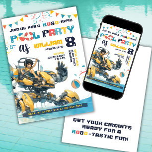 Robot Pool Party Birthday Invitation