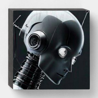 Robot portrait on a  wooden box sign