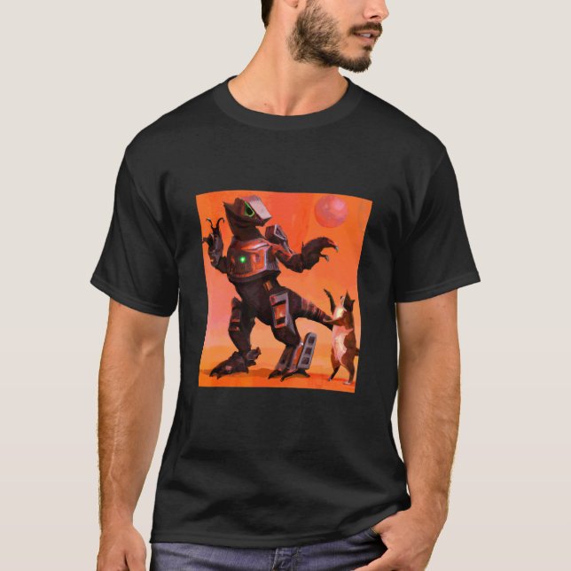 Robot Rex Dancing With Cat Art T-Shirt (Front)