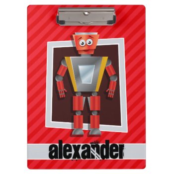 Robot; Scarlet Red Stripes Clipboard by Birthday_Party_House at Zazzle