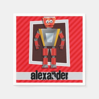Robot; Scarlet Red Stripes Napkins by Birthday_Party_House at Zazzle