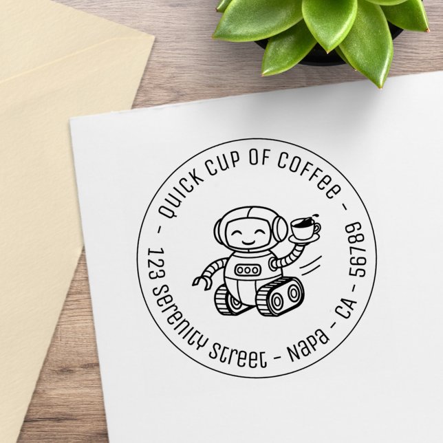 Robot Serving Coffee Business Round Address Rubber Stamp (Creator Uploaded)