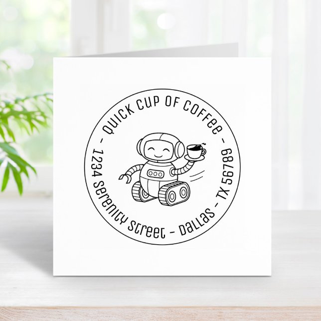Robot Serving Coffee Business Round Address Rubber Stamp (Creator Uploaded)