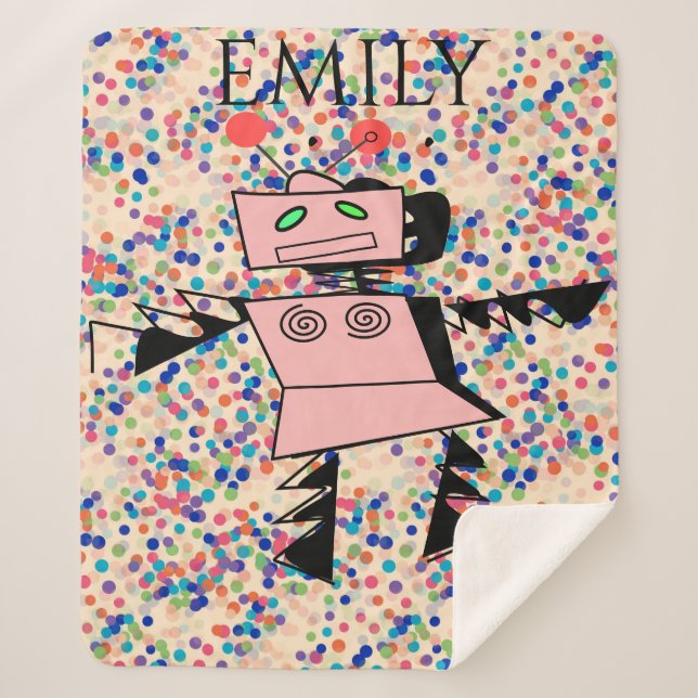 Robot sherpa blanket for girl's. Custom name. (Front)