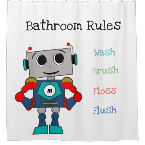 Robot Shower Curtain with Bathroom Rules for Kids