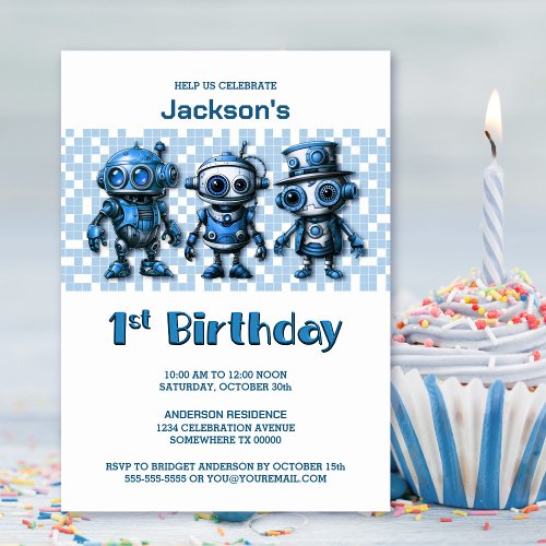 Robot Theme 1st Birthday Party Invitation