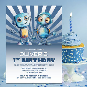 Robot Theme 1st Birthday Party Invitation