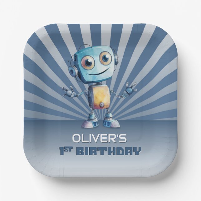 Robot Theme 1st Birthday Party Paper Plates (Front)