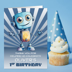 Robot Theme 1st Birthday Thank You Card